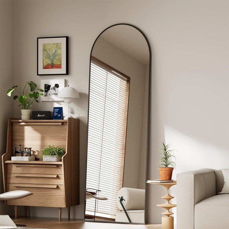 Koonmi Arched Full Length Mirror, 65"x24" Arched Black Floor Mirror,