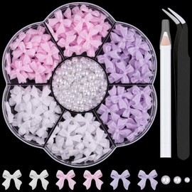 1 Box 3D Bow Nail Charms and Flatback Pearls Set 3, 120 Pcs Cute Bow Charms for Nail Design + 2-4mm White Nail Pearls with Pickup Tweezer and Pencil for Nail Art Decoration