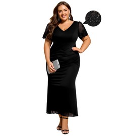 Ever-Pretty Women's High Stretch V Neck Short Sleeves Chiffon Bodycon Maxi Plus Size Mother of The Bride Dresses Black US24