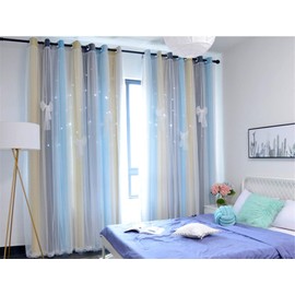 Yancorp Room Darkening Light Blocking Gray Blue Curtains White Sheer Lace Detachable Bow Ties Kids Room Decor Ombre Drapes Star Double Layer Window Panels Bedroom Living Room (Gray Blue, W52 X 84")