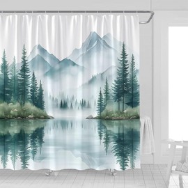 Green Misty Forest Shower Curtain Abstract Foggy Jungle Watercolor Pine Woods Tree Mountain Lake Natural Scenery Landscape Fabric Bathroom Decor Curtains with Hooks,70 x 70