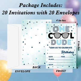 Gsauto One Cool Dude Birthday Invitations for Boys, 20 Invitation Cards with Envelopes, Sunglasses 1st Invites for Party Decorations Favor Supplies - A19