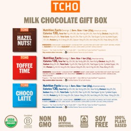 TCHO Organic Milk Chocolate Gift Box – 100% Plant-Based% Vegan - Gourmet Selection of Choco Latte, Hazel Nuts, and Toffee Time - Gluten-Free, Soy-Free, Pure Cacao Bars - 6 Bars