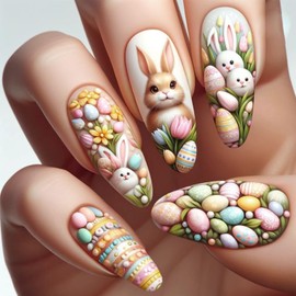 24Pcs Easter Press on Nails Almond Medium Fake Nails Spring Easter Cute Bunny Design Pink Glossy Acrylic Nails Full Cover Glue on Nails Eggs Flowers Stick on Nails for Women Girls