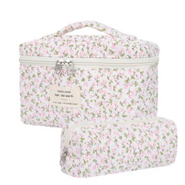 Burskit Makeup Bag, Quilted Makeup Bag, Cotton Large Travel Makeup Bags, Floral Cosmetic Bags, Travel Quilted Makeup Pouch for Women, Flower Toiletry Bag (Mini pink flower)