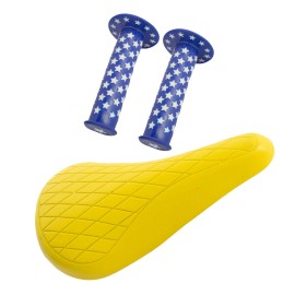 PRO+ Yellow Diamond Saddle & Blue Star Grips BMX BIKE