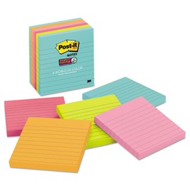Post it (R) Super Sticky Notes, 4 in. x 4 in, Miami Lined Pads, Pack of 6