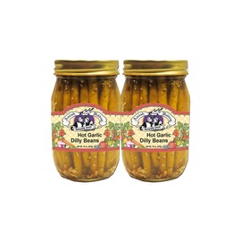 Amish Wedding Foods Pickled Garlic Dilly Beans, 2-Pack 16 oz. Jars (Hot Garlic)