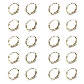 Yellow Gold Flashed Sterling Silver Small Endless 10mm Round Unisex Hoop Earrings, Set of 10 Pairs