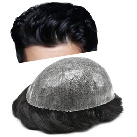 SINGA HAIR Toupee for Men Real Human Hair Replacement System Injected Poly Skin Mens Toupee Wigs Durable PU Hair Piece Unit for Men (8X10-120% Medium Light to Medium Density-#1 Jet Black