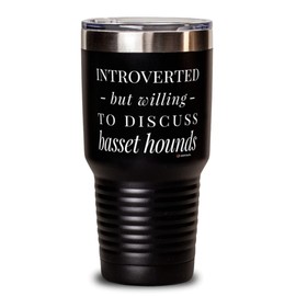 ODTGifts Funny Dog Tumbler Introverted But Willing To Discuss Basset Hounds 30oz Stainless Steel Black