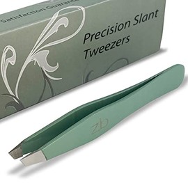 Pinzas – Acero inoxidable de grado quirúrgico – Punta inclinada para moldear cejas expertas y depilación facial – con bolsa protectora (salvia)