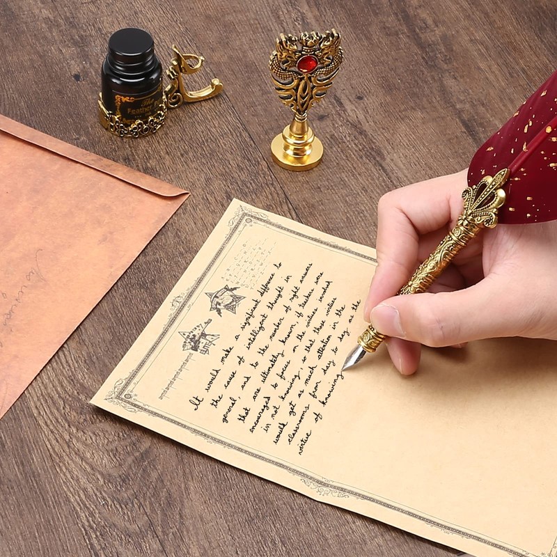 Junhartt Quill Feather Pen and Ink Set, Calligraphy Pen Glass