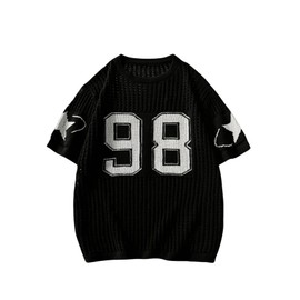 BEAUDRM Women's Y2K Jersey Shirts Oversized Number Crochet Hollow Out Jersey Tee Sweater Crew Neck Short Sleeve Knit T Shirts Black X-Large