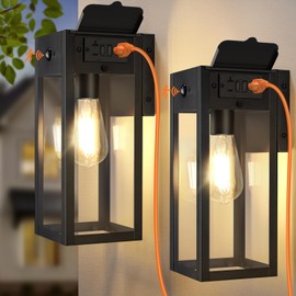 OYKYOHEI 2 Pack Porch Lights with GFCI Outlet, Dusk to Dawn Motion Sensor Outdoor Lights, 2 Lighting Modes Waterproof Anti-Rust Wall Sconce Lantern, Outside Light for House, Black