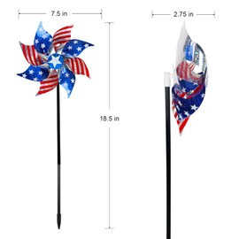 Hausse 10 Pack Reflective Pinwheels Patriotic Decorations, American Flag on Stick Wind Spinner with Stake for Independence Day, Memorial Day July of 4th Party Supplies, Scare Birds Repellent Devices