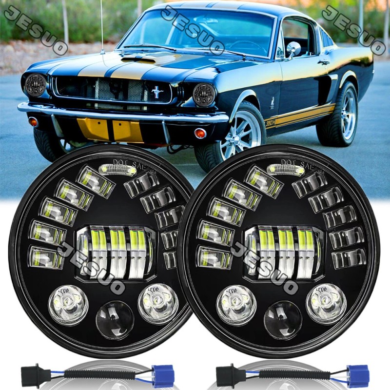 JESUO Pair 7" Round Headlights High/Low Beam Turn Signal /DRL