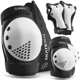 SKATEWIZ Knee and Elbow Pads Adult - Skating Pads Adult Knee Pads Scooter - SMASH - Size L Black White - Wrist Guards Skating Adult - Scooter Knee Pads Skate Pads