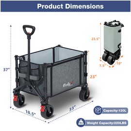 COMLAX FIELD Collapsible Wagon Cart Foldable with Big Wheels Brakes, 250lbs Folding Utility Lightweight Garden Wagon, Portable Grocery Cart for Camping Shopping Sports Pets, Grey