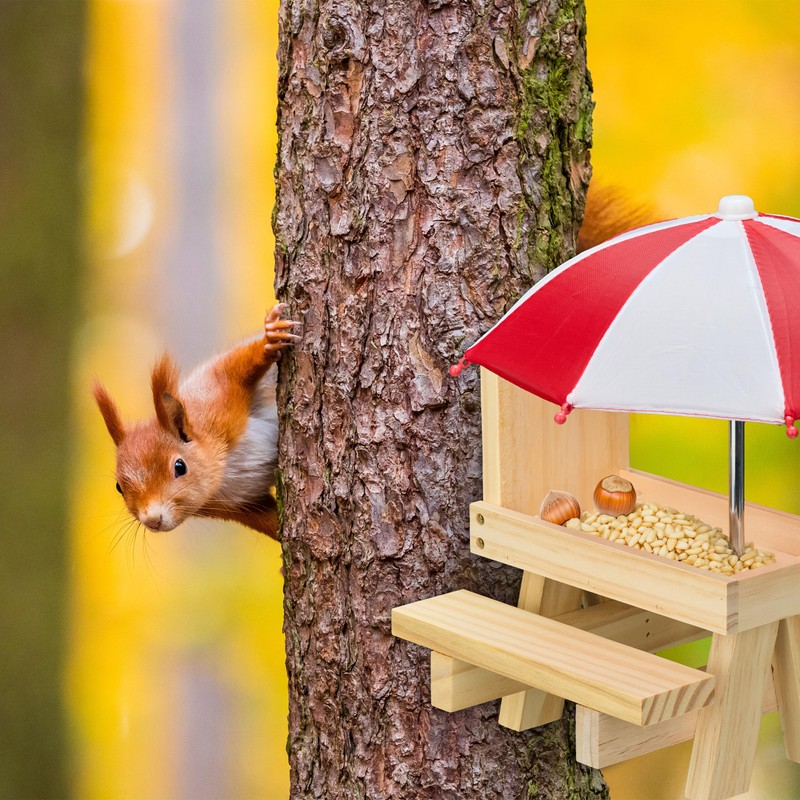 Relaxdays Wooden Squirrel Table, Squirrel Bench with 2 Umbrellas, Squirrel