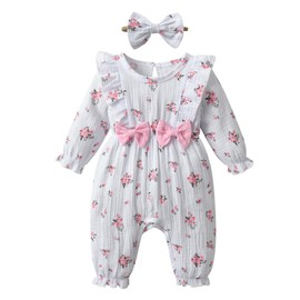Kumsolu Newborn Baby Girl Romper Long Sleeve Infant Floral Print Bodysuit Onesie Jumpsuit（9-12 Months）