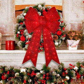 TWINGLEHOME 82cm(32in) 72LED Christmas Tree Topper Decorative Bows, Christmas Glitter Red Bows for Indoor Outdoor Christmas Tree Parties Decorations