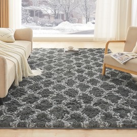 Litanika 6x9 Geometric Shag Area Rug for Bedroom, Dark Grey and White High Pile Ultra Soft Plush Shaggy Furry Bedside Playroom Dorm Carpet, Non-Slip, Non-Shedding Indoor Floor Rug