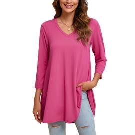 ENMAIN Womens Tunic Plus Size 3/4 Sleeve Tops to Wear with Leggings Loose Fit Dressy Blouse Casual Flowy Swing Round Neck Long Shirts Hot Pink