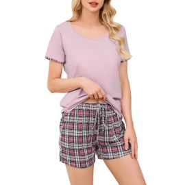 Vlazom Ladies Shorts Pyjamas Sets Soft Cotton Summer Women Pyjamas Set Solid Top and Plaid Shorts Sleepwear Loungewear with Pockets, Pink, M
