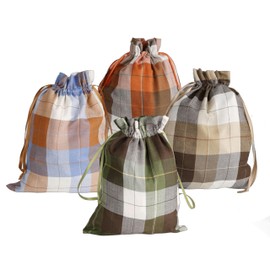 Meseey Large Fall Burlap Bags with Drawstrings Orange Buffalo Plaid Gift Bags Sage Green Gingham Sacks Bags Reusable Brown Pouch Bag for Thankgiving Party Gift Wrapping Goodies(4 color 12x16 inch)