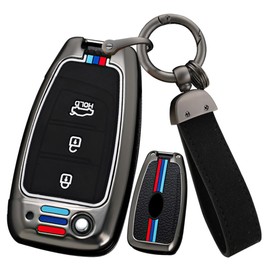 ontto Zinc Alloy Car Key fob Cover Fit for Hyundai Elantra Solaris Tucson i30 i35 i40 KONA Genesis Santa Fe Azera Folding Key case Keyring Key Shell Holder Bag Keychain Accessories 3 Button Black