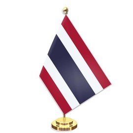 Thailand Desk Small Flag Set,5×8 Inch Mini Thai Desktop Banner,12" Metal Solid Pole Decor,Tiny Digital Printed Polyester Banner With Golden Base