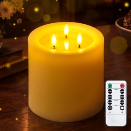 Yeelida 3-Wick 6"x6" Extra Large Real Wax Flameless Pillar Candles with Remote Control and Timer Function, Candle Grease Ivory Battery Operated LED Flickering 3D-Wick (Long Lasting, Warm Fire)