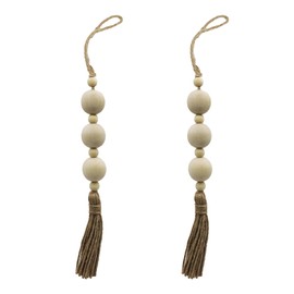 VKSG 2PCS Farmhouse Decor Wooden Bead with Tassels Rustic Boho Minimalist Home Accent Country Decoration Beads for Door Knob Wall Hanging Living Room Decor, Natural
