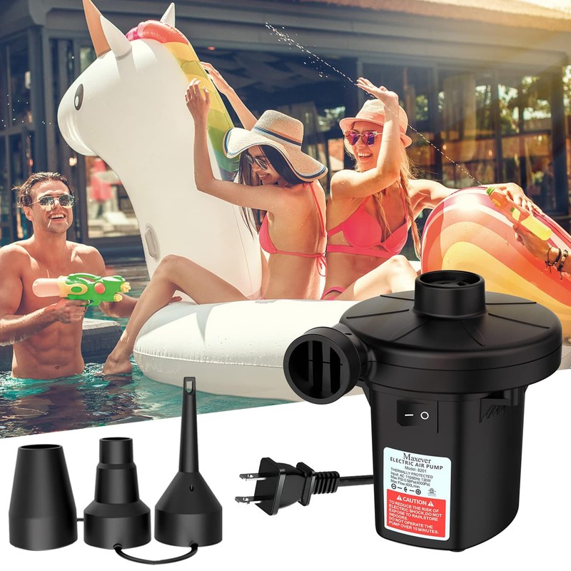 MAXEVER Quick-Fill Electric Air Pump with 3 Nozzles, AC 110V-120V