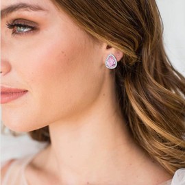 EVER FAITH Cubic Zirconia Wedding Clip On Earrings, Bridesmaids Gorgeous Teardrop Prong Setting Stud Earrings for Women Pink Silver-Tone