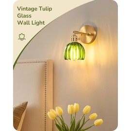 EDISHINE Hardwired Wall Sconces Set of Two, Vintage Wall Lighting Fixture with Green Tulip Glass Lampshade 180 Degree Adjustable, Brass Gold Wall Lamp for Bedroom Living Room Hallway Bathroom