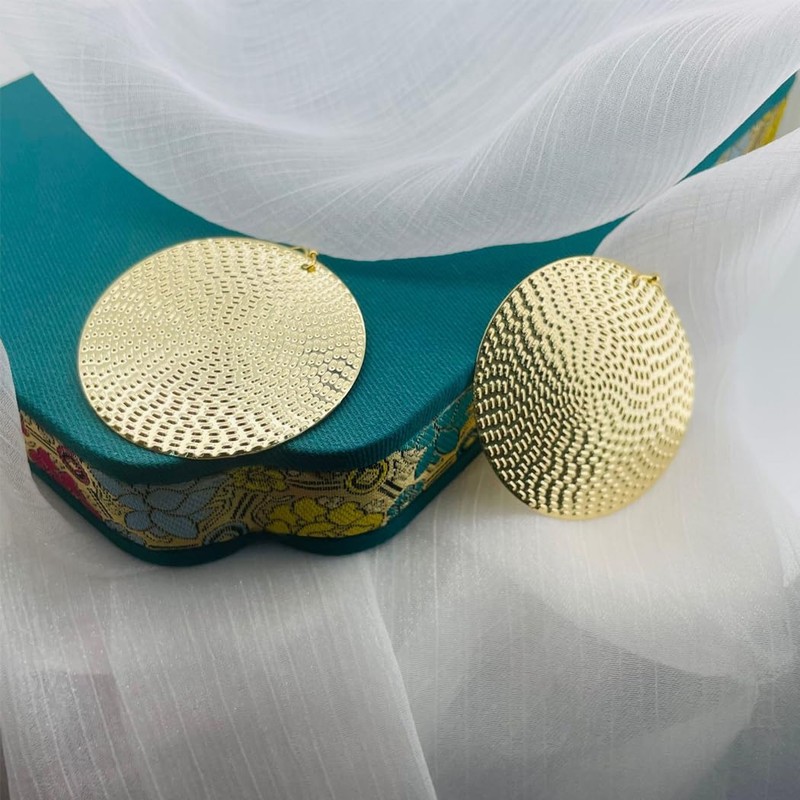 Boho Gold Texture Disc Drop Earrings for Women Vintage Hammered