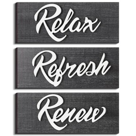 Yookeer 3 Pieces Farmhouse Bathroom Wall Decors Relax Renew Refresh Signs Bathroom Rustic Hanging Wooden Signs Home Bathroom Signs Vintage Wood Wall Signs for Home Bathroom Laundry Room Decor (Grey)
