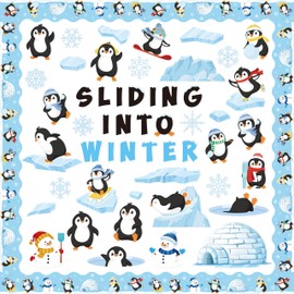 BkeeCten Winter Christmas Bulletin Board - 117pcs Sliding Into Winter Bulletin Board Set Glue Points Winter Cute Penguin Snowman Snowflake Paper Cut-Outs School Classroom Xmas Bulletin Board Decor