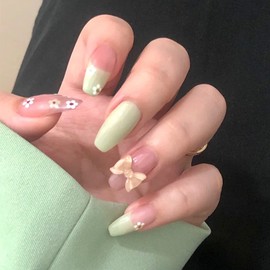 FunBeauty 24pcs Square Fake Nails Youthful Green Crushed Butterflies Glossy Squoval Fake Nails Full Cover Fake Fingernails Acrylic Nails Fingernails Manicure False Nails for Women & Girls