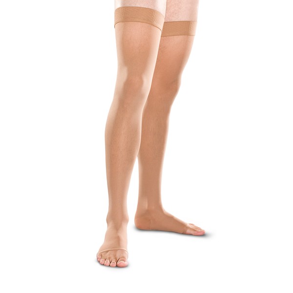 Therafirm Open-Toe Thigh High Stockings - 20-30mmHg Moderate Compression Support Nylons (Sand, Medium)