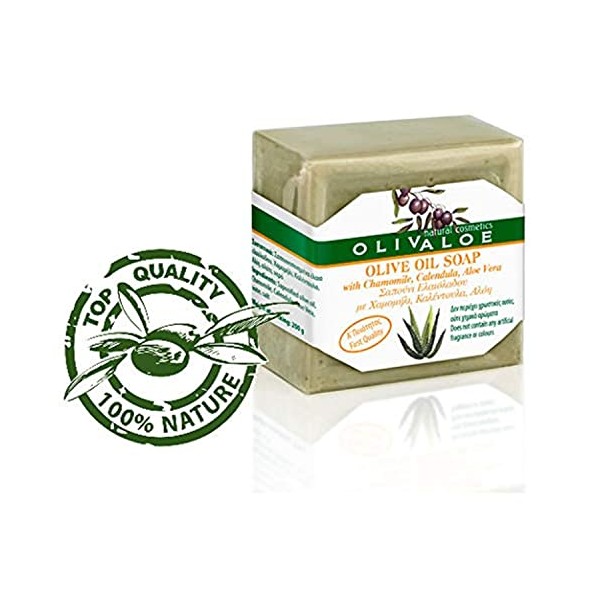 OLIVALOE 00198 - Handmade Traditional Olive Oil Soap with Chamomile, Calendula, ALOE VERA - Oliven Ãl Seife 200g