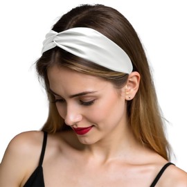 ZLYC Mulberry Silk Headband Elastic Twist Knotted Head Bands for Women's Hair, Solid White