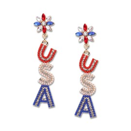4th of July Accessories USA Earrings for Women, Large Long Red White and Blue Beaded Rhinestone American Flag Patriotic Drop Dangle Independence Fourth of July Memorial Day Outfit Jewelry Gifts