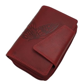 Genuine Cowhide Leather Women's Wallet / Purse / Purse in Portrait Format with Butterfly Motif or without Motif with RFID & NFC Protection, cherry red, Modern