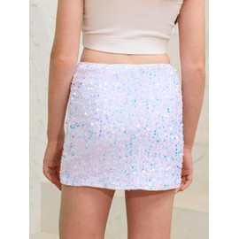 CharmWM Girls Sequin Skirt Kids Fashion High Waisted Sparkle Glitter Party Short Dress Mini Skirts 5-14 Years White