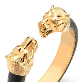COOLSTEELANDBEYOND Mens Steel Gold Wolf Head Open Cuff Bangle Bracelet Inlaid with Black Leather, Elastic Adjustable(CA)