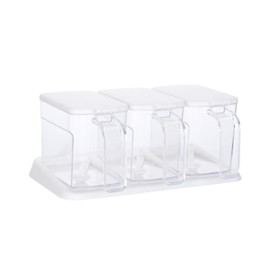 Seasoning Box Set Plastic Clear 3 Grids Large Capacity Condiment Box with Spoons for Kitchen White