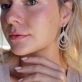 Rhinestone Earrings Dangle Silver Statement Earrings Shiny Crystal Waterdrop Drop Earrings for Wedding Bride Jewelry